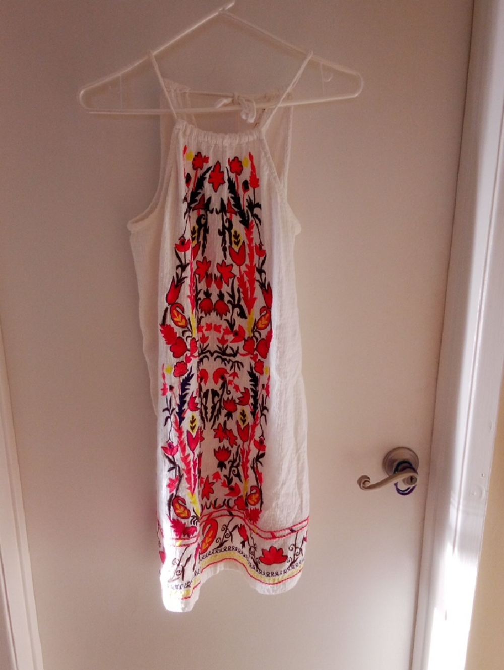 Willow & Clay White Halter Mini Dress with Red Floral Embroidery
